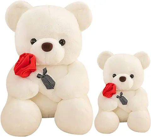 Kekeso Día de San Valentín Teddy Bear Doll Peluche Juguete Confesión Rosa Flor Abrazo Panda Muñeca para Novia Mundial de Regalo de San Valentín ((25+35) Cm=（9.84+13.77) Inch, White  