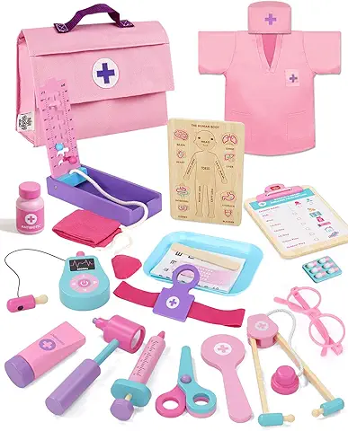 Lehoo Castle Maletin Medicos Juguete de Madera, Juguetes para Niña 3+ Años, Maletin Medicos con Traje de Doctor, Kit Medico Infantil, Doctora Juguetes, Regalos Niña 5 Años(Rosa)  