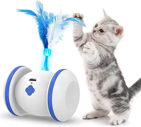 LiieyPet Juguetes para Gatos Interactivos Juguete Gato Interactivo, USB Recargable Juguete Interactivo Gato con 4 Plumas, 360 ° de Juguetes de Ejercicio de Mascotas Giratorias con LED (Azul)  