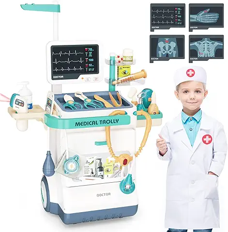 Sotodik Medicos Juguete 28PCS Juguetes de Medicos Accesorios con Luces y Sonido, Termómetros, Estetoscopios y Ropa de Médico para el Papel de Carrito Móvil Juguetes Educativos para Niños  