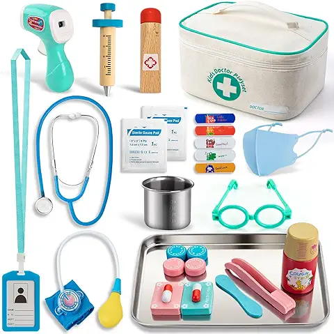 Sundaymot Madera Maleta Médica Juguete Doctora Estetoscopio Juego Herramienta de para Niños, Regalo Médico a Partir de 3, 4 y 5 Años  