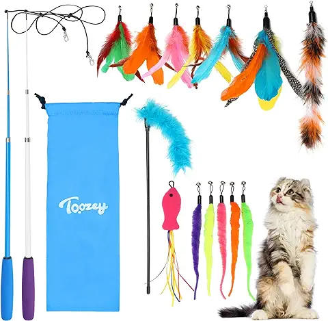 Toozey Feather Toys, Juguetes para Gatos con 2 Piezas de Varillas Retráctiles Interactivas para Gatos y 13 Piezas de Reemplazo de Plumas/Insectos/Peces con Campanas  