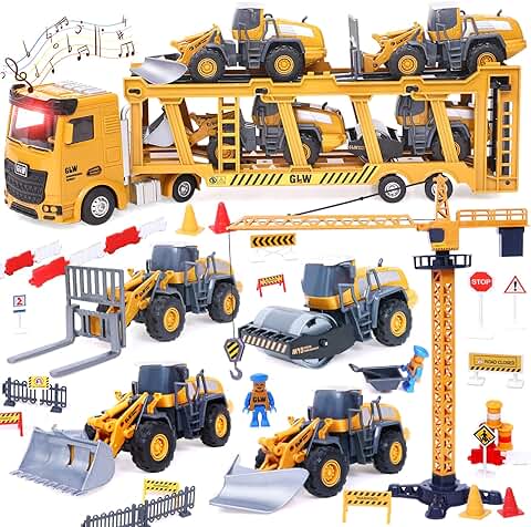 Vehiculos Construccion Juguete Niños con Grandes Camión Grúa Juguete Excavadora, Aplanadora, Máquina Elevadora, Juguete Vehículos de Construcción Camión Juguete Regalo para Niños 3 4 5 6 7 Años  